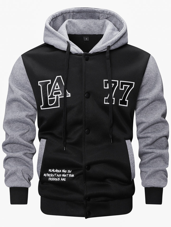 Men's varsity hooded jacket in college look with print, snap button front and contrast sleeves Mune Fashion