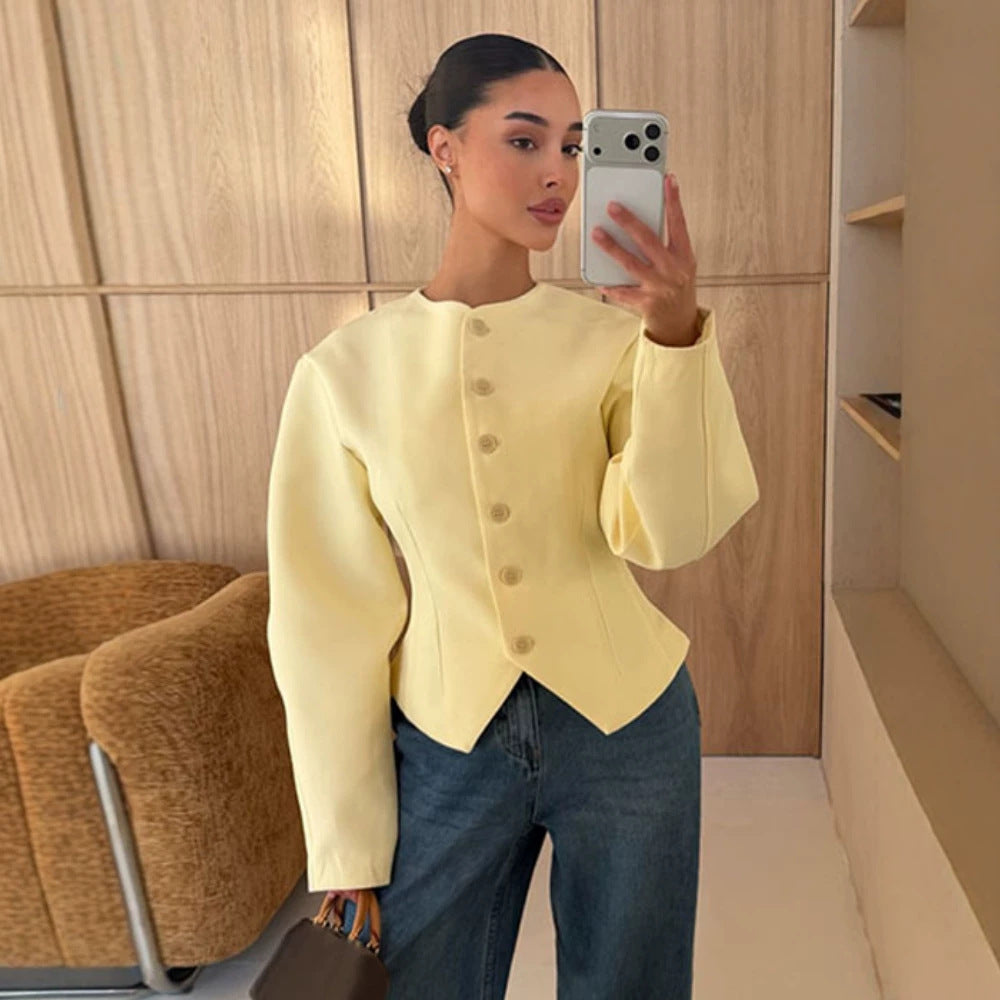 Women's Tailored Structure Jacket with Asymmetrical Dipped Hem and Balloon Sleeves Mune Fashion