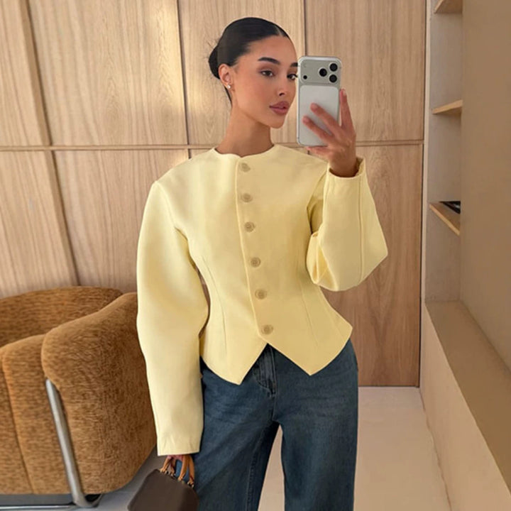 Women's Tailored Structure Jacket with Asymmetrical Dipped Hem and Balloon Sleeves Mune Fashion