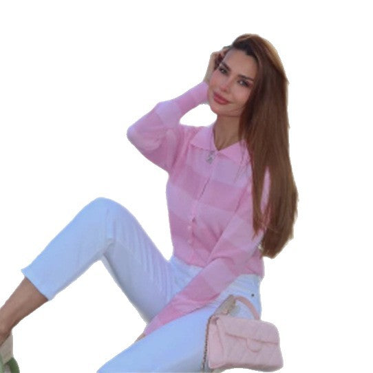 Ladies Fine Knit Cardigan-Shirt with Button Placket and Shirt Collar Mune Fashion