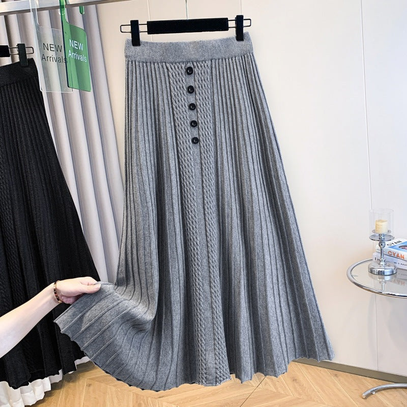 Women's Pleated Maxi Skirt with Button Details and Fine Wave Pattern Mune Fashion