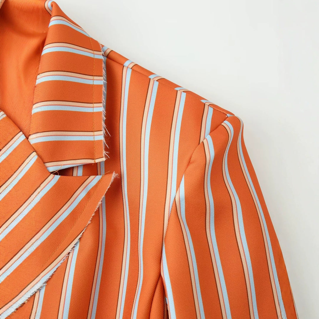 Women's double-breasted blazer with vertical stripe pattern and frayed lapel Mune Fashion