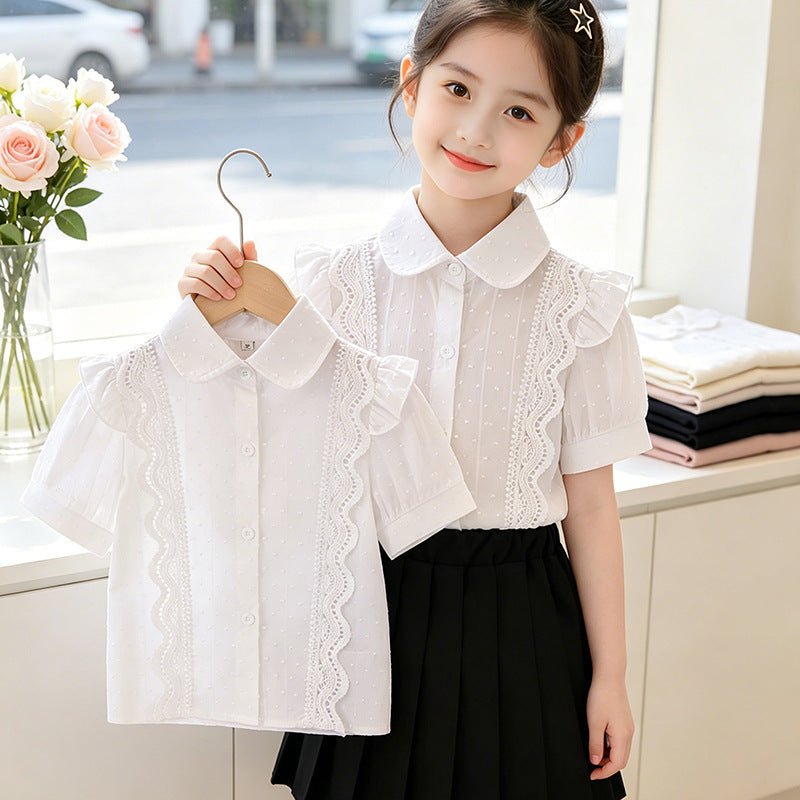 Girl Ruffled Blouse with Lace Accents Mune Fashion