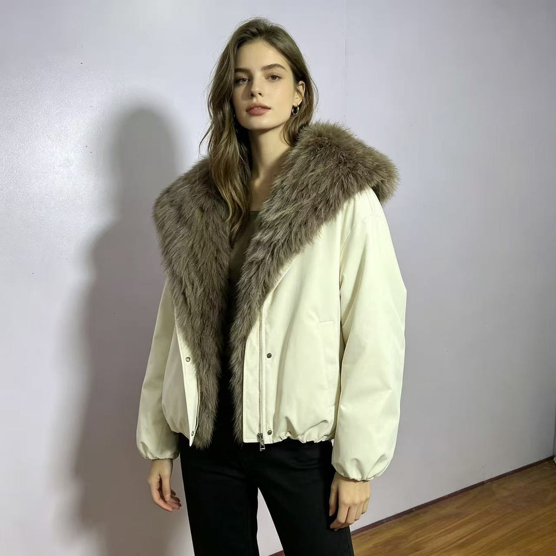 Women nan short bomber parka with oversized faux fur collar and adjustable drawstring hem Mune Fashion