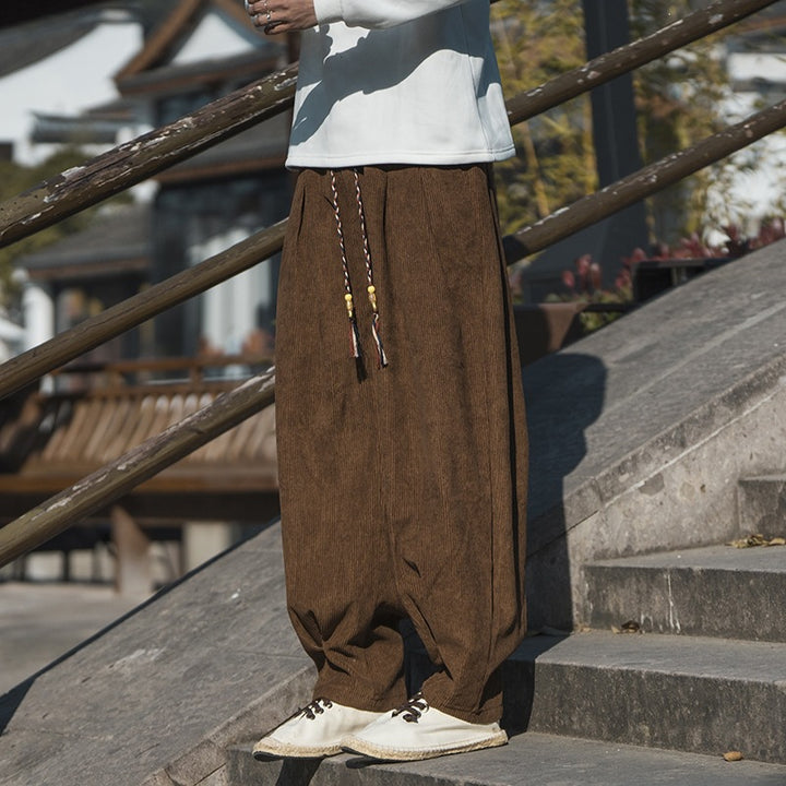 Men's Wide Cut Corduroy Trousers with Drawstring, Pleats and Relaxed Fit Mune Fashion