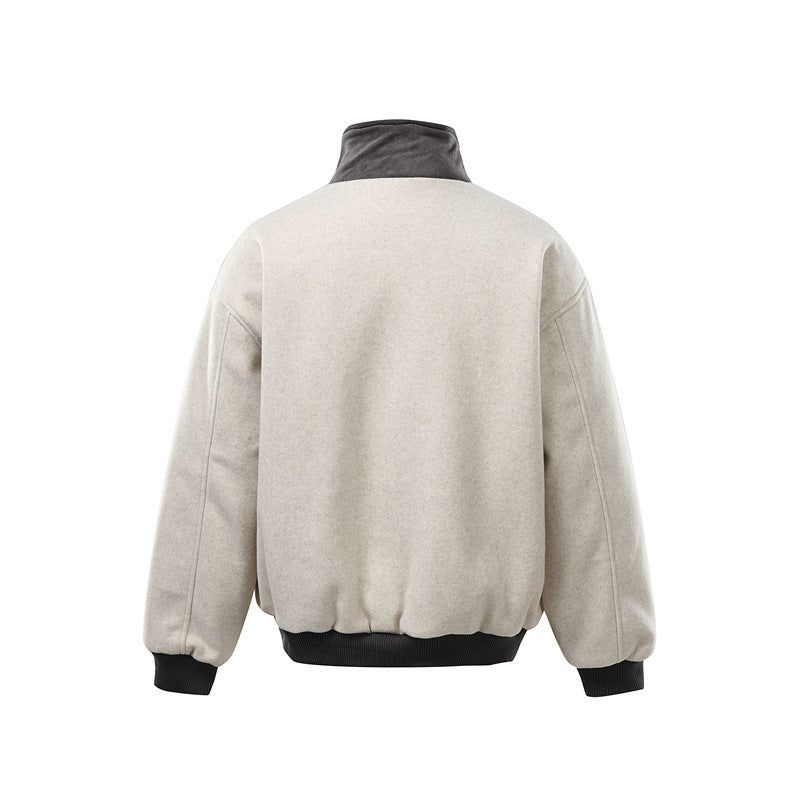 Men's short-cut boxy bomber made of wool blend with high buckle collar and velour trim Mune Fashion