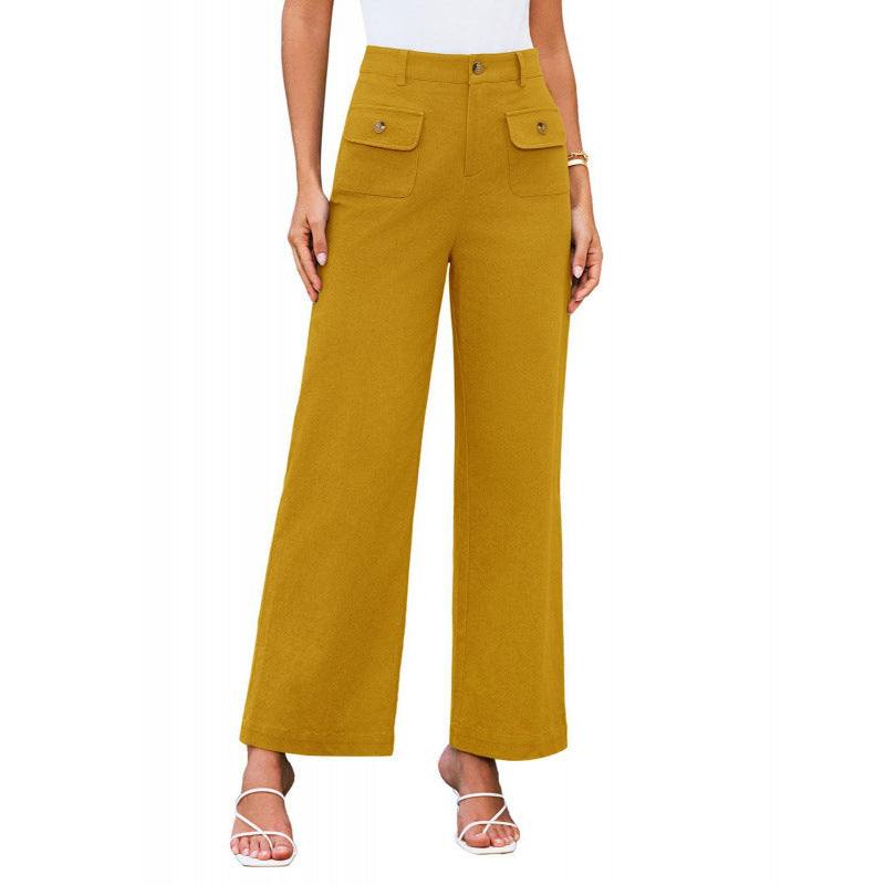 Women High-Waist Palazzo Pants with Flap Button Pockets Mune Fashion