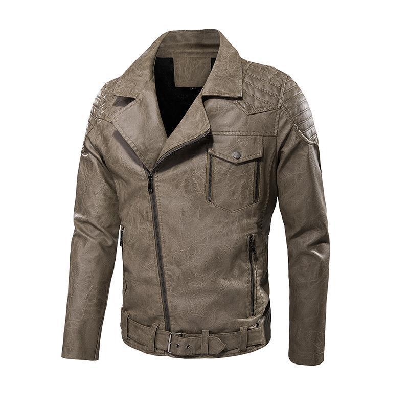 Men's faux leather biker jacket with shoulder quilting, asymmetric zipper, and adjustable belted waist Mune Fashion