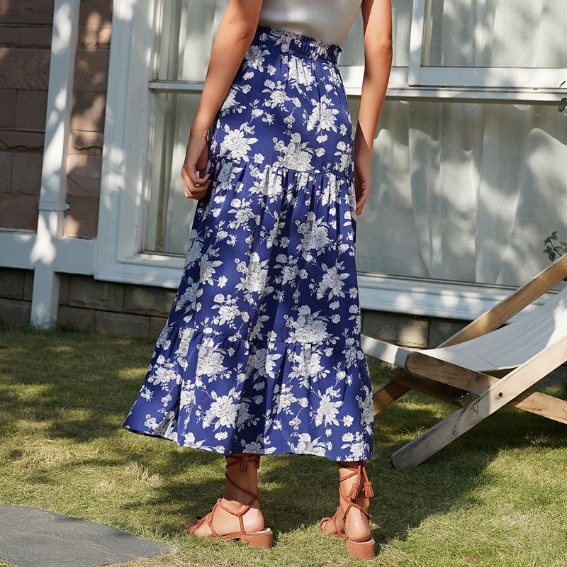 Women's Long Maxi Skirt with Ruffle Layers, Drawstring Waist and High Slit Mune Fashion