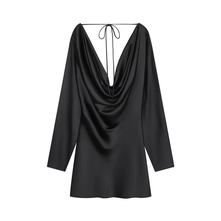Women’s satin mini dress with deep waterfall back, cord binding and long sleeves Mune Fashion