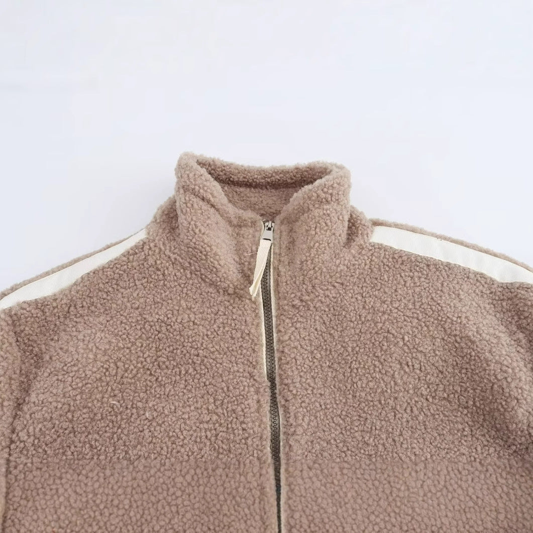 Women Teddy Fleece Jacket with Stand-Up Collar, Zipper and Contrast Stripes Mune Fashion