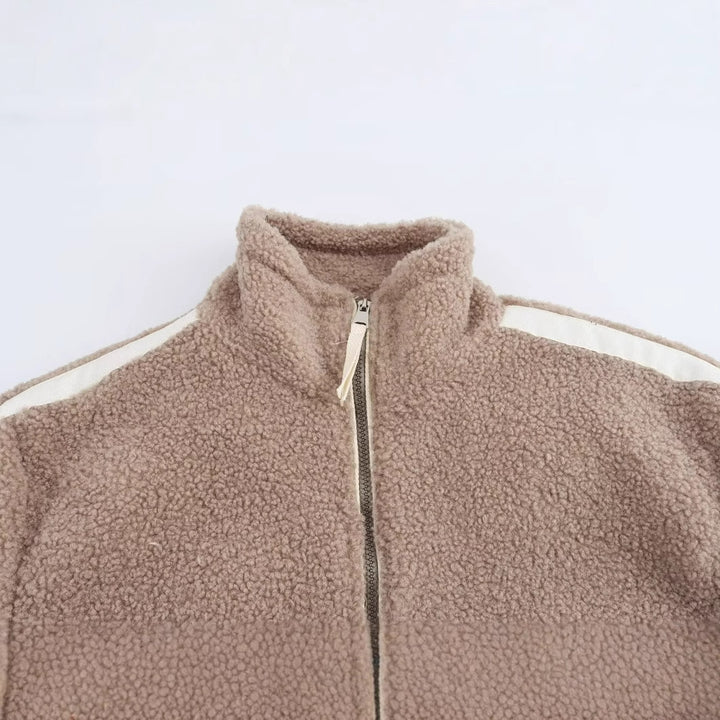 Women Teddy Fleece Jacket with Stand-Up Collar, Zipper and Contrast Stripes Mune Fashion