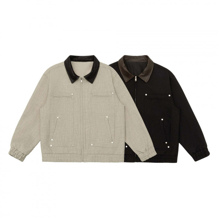 Men's short boxy jacket made of wool blend with contrasting leather collar, zipper and patch pockets Mune Fashion