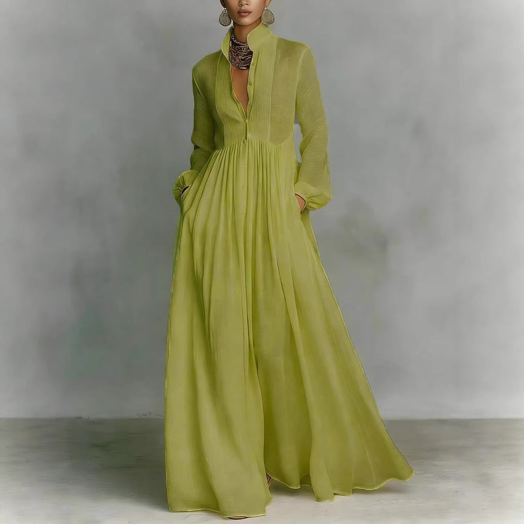 Women’s maxi dress with stand-up collar, button placket, and side pockets Mune Fashion
