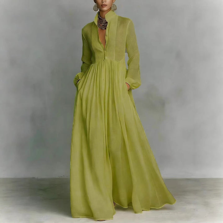 Women’s maxi dress with stand-up collar, button placket, and side pockets Mune Fashion