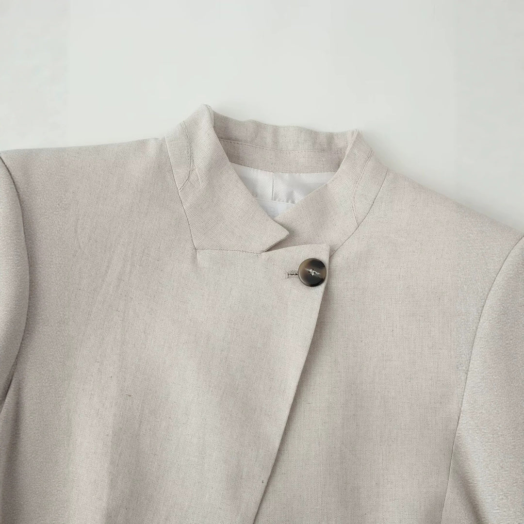Women's Lightweight Linen Look Short Jacket with Stand-Up Collar and Asymmetric Single-Button Closure Mune Fashion
