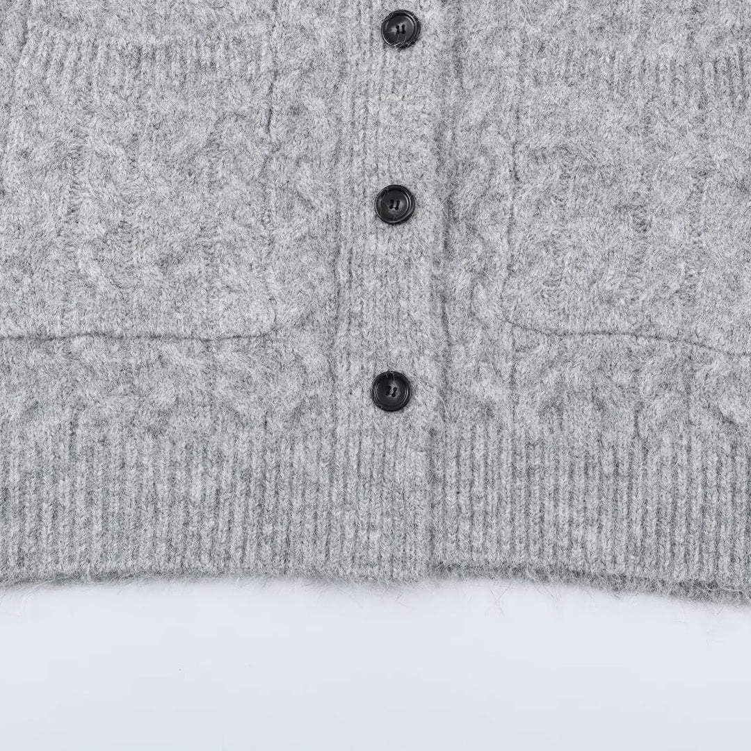 Women's Long Knitted Hooded Cardigan with Cable Pattern and Button Placket Mune Fashion