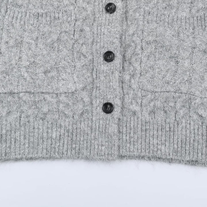 Women's Long Knitted Hooded Cardigan with Cable Pattern and Button Placket Mune Fashion