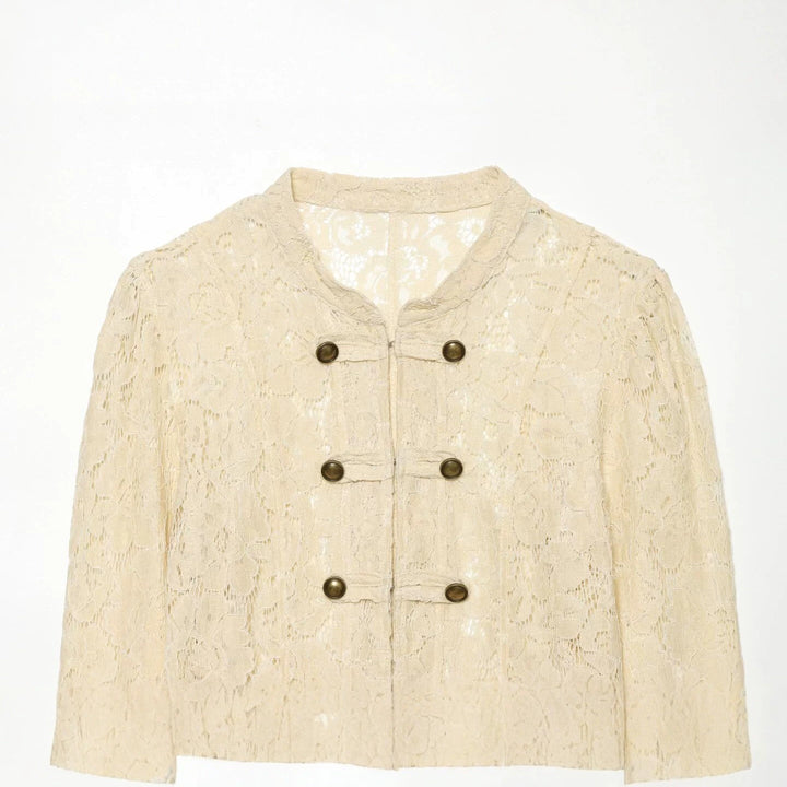 Women's short lace jacket in military-inspired style with stand-up collar and decorative button placket Drune