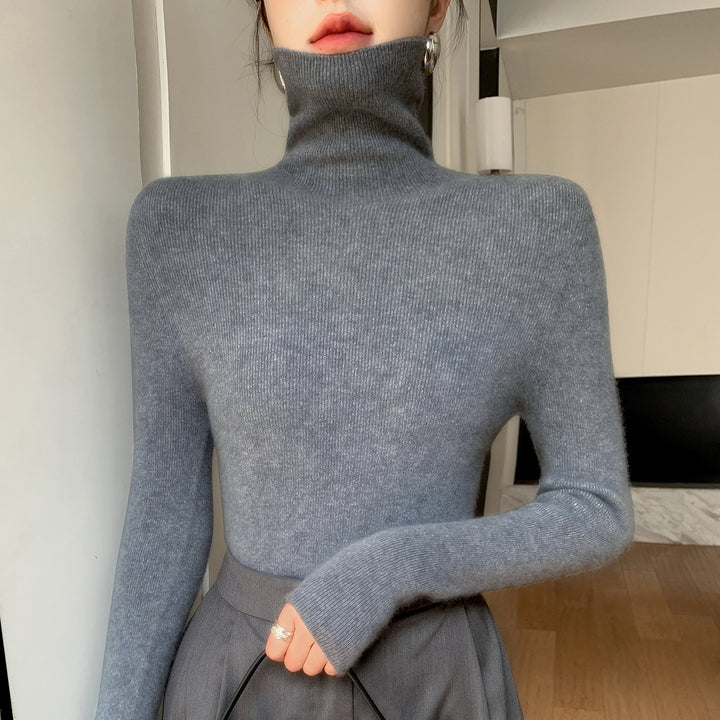 Women Slim Fine Knit Sweater with High Roll Neck and Fine Rib Structure Mune Fashion