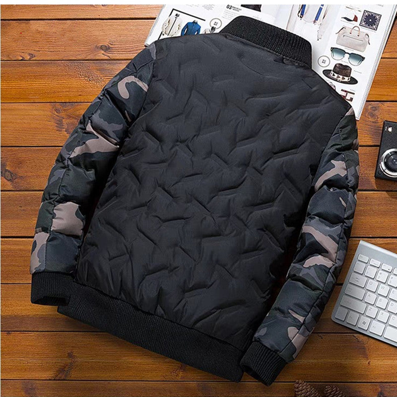 Men's quilted bomber jacket with camouflage sleeves, warming thermal lining, and ribbed cuffs Mune Fashion