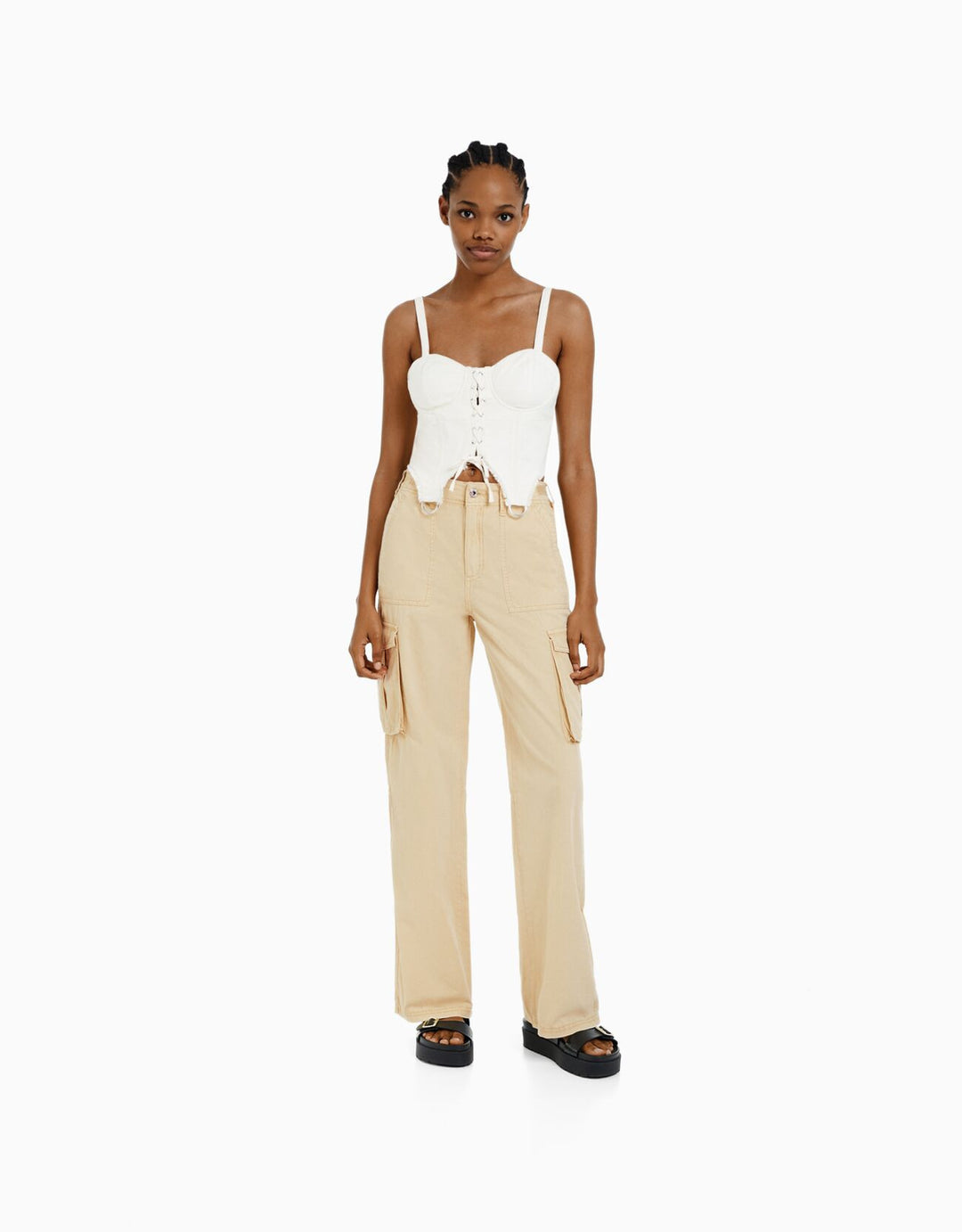 Women's wide High-Waist Cargo Pants with applied flap pockets and straight leg Mune Fashion