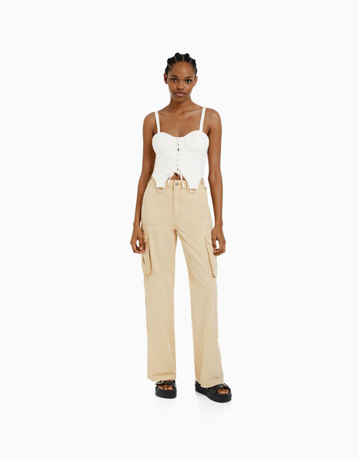 Women's wide High-Waist Cargo Pants with applied flap pockets and straight leg Mune Fashion