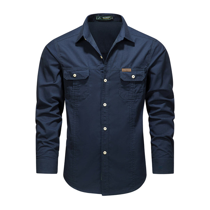 Men's Robust Canvas Work Shirt with Chest Flap Pockets and Classic Shirt Collar Mune Fashion