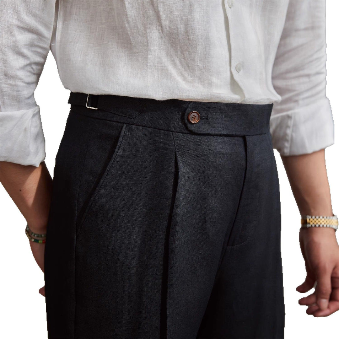 Men's linen pants with high waist, pleats and adjustable side tab Mune Fashion
