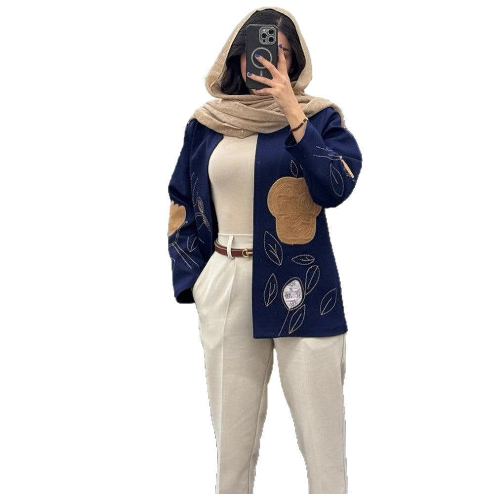 Women open cardigan blazer with floral embroidery & appliqués Mune Fashion