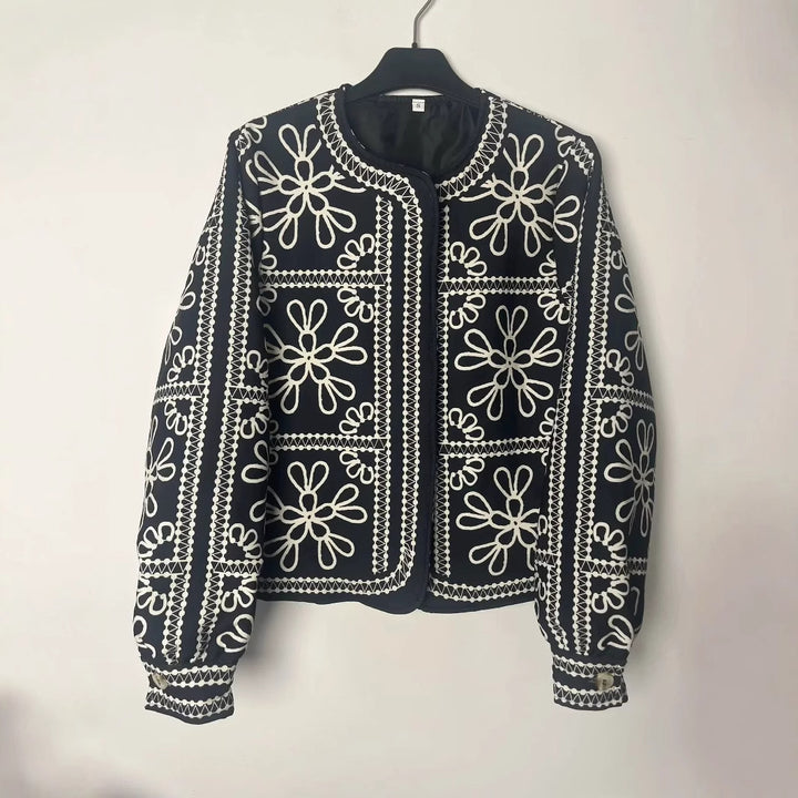 Women's non-quilted short jacket in ornamental bandana print with round neckline and decorative piping Mune Fashion