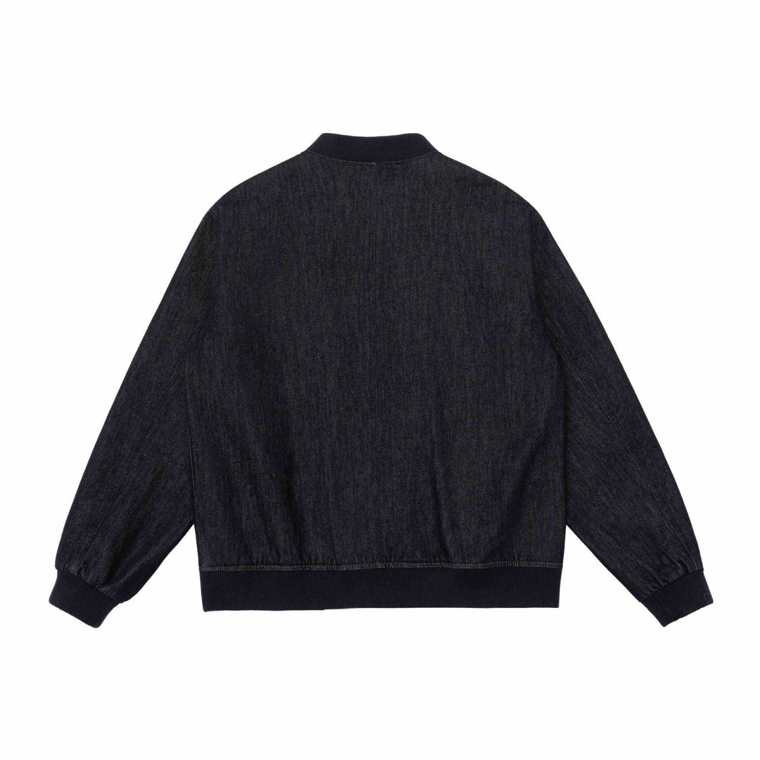 Unisex Boxy Jeans Bomber Jacket with Ribbed Collar, Snap Button Placket and Patch Pockets Mune Fashion
