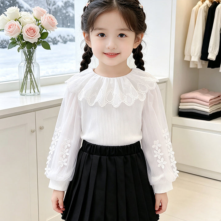 Girl's blouse with romantic lace collar and transparent puff sleeves Mune Fashion