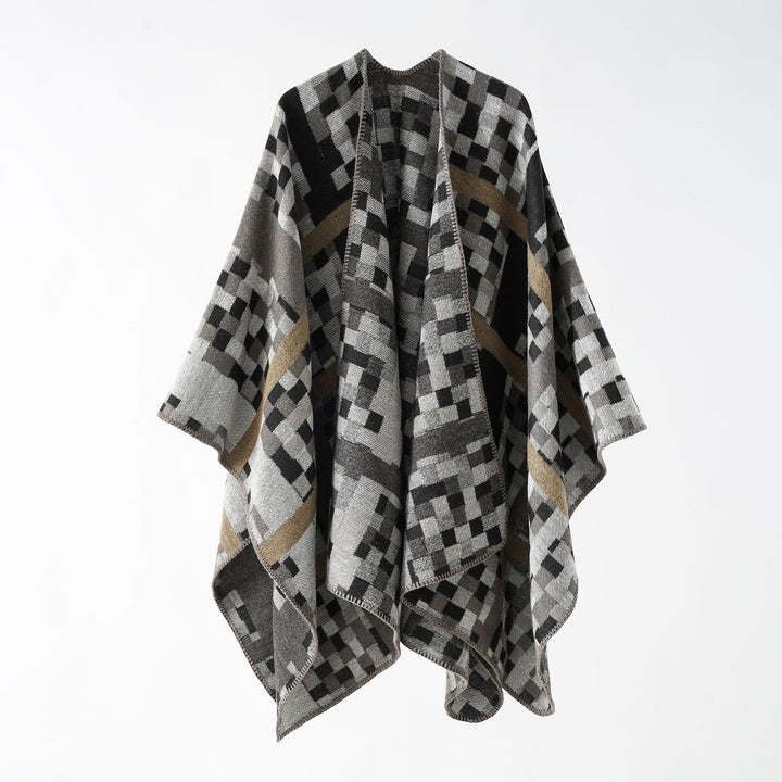 Ladies Kastiger Web Poncho with graphic jacquard and fringe edge Mune Fashion
