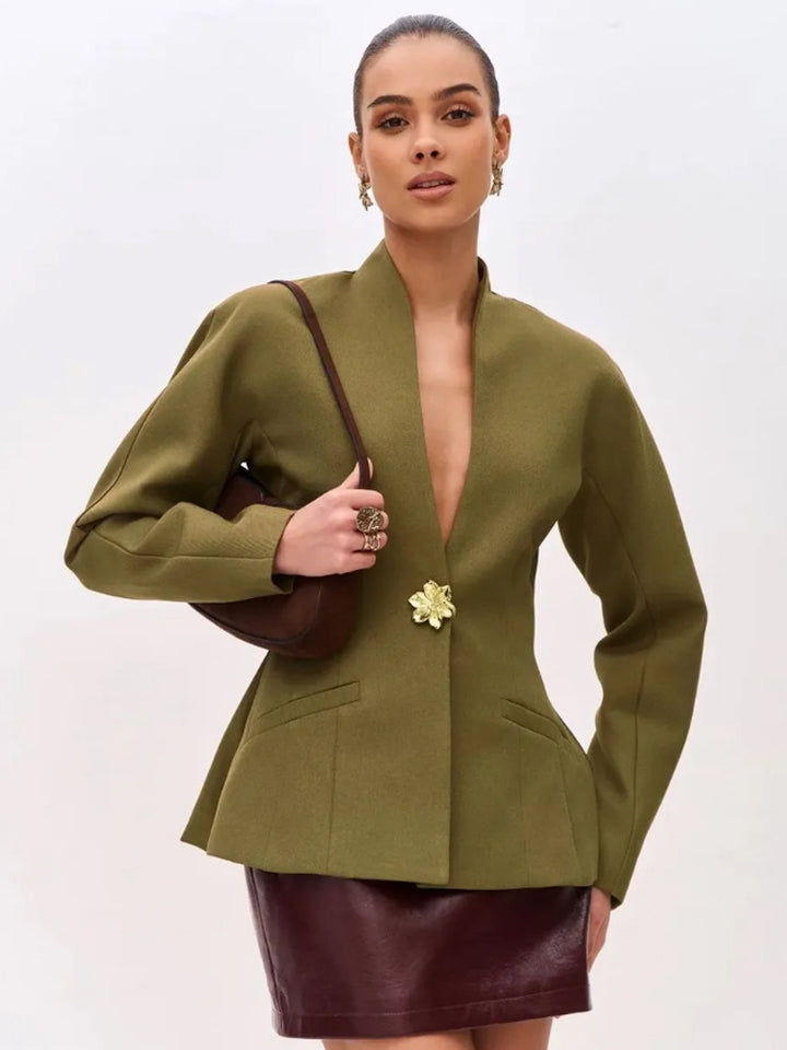 Women's sculptural tailored jacket with peplum, stand-up collar and decorative brooch Mune Fashion