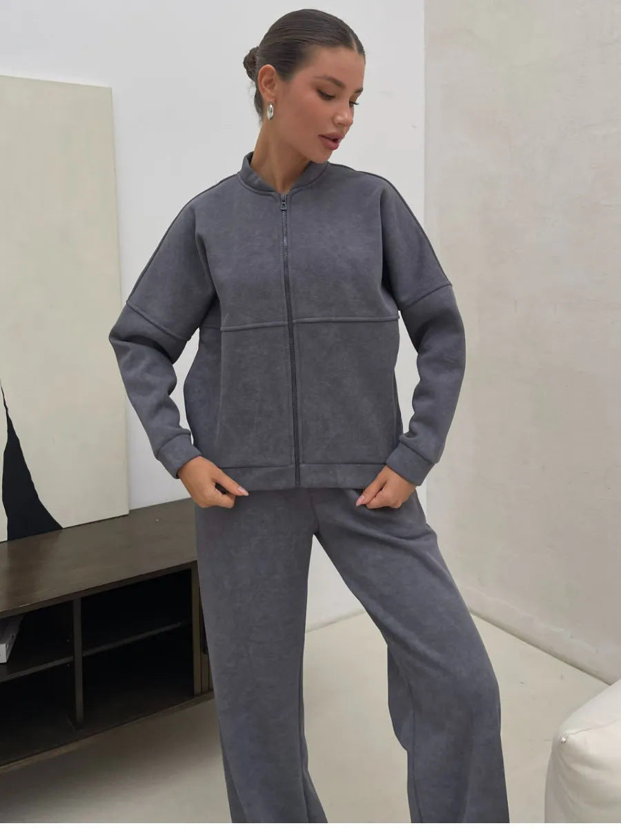 Women's Casual Zip Lounge Set with Stand Collar and Wide High Waist Jog Pants Mune Fashion