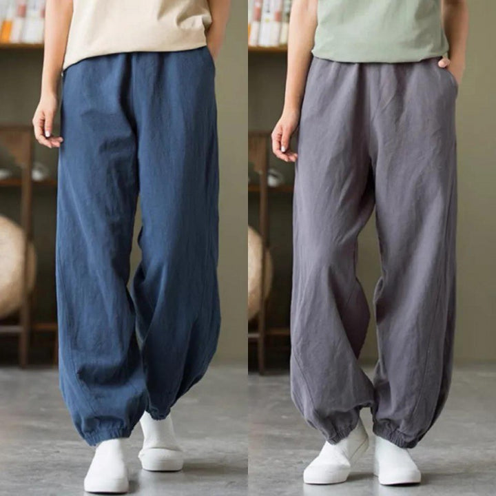 Women's relaxed linen harem pants with elastic waistband and ankle cuffs Mune Fashion