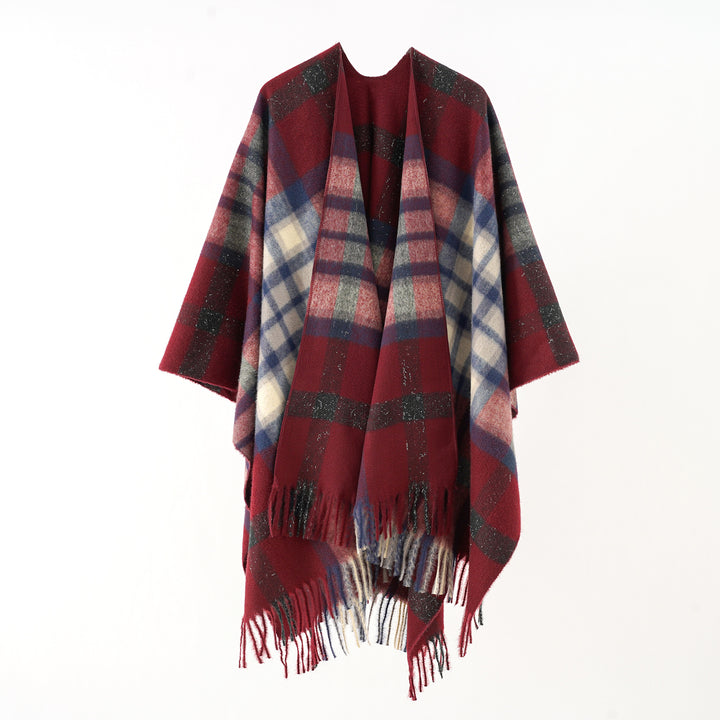 Women Oversize checked wool poncho with fringes Mune Fashion