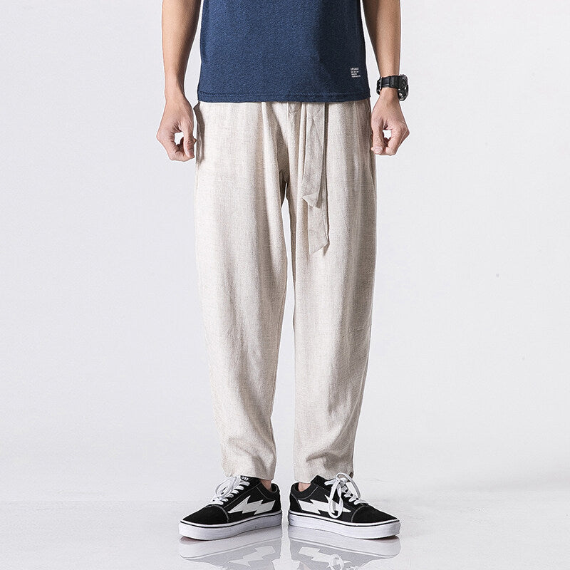 Men's relaxed linen-cotton harem jogger pants with concealed drawstring and tapered leg Mune Fashion