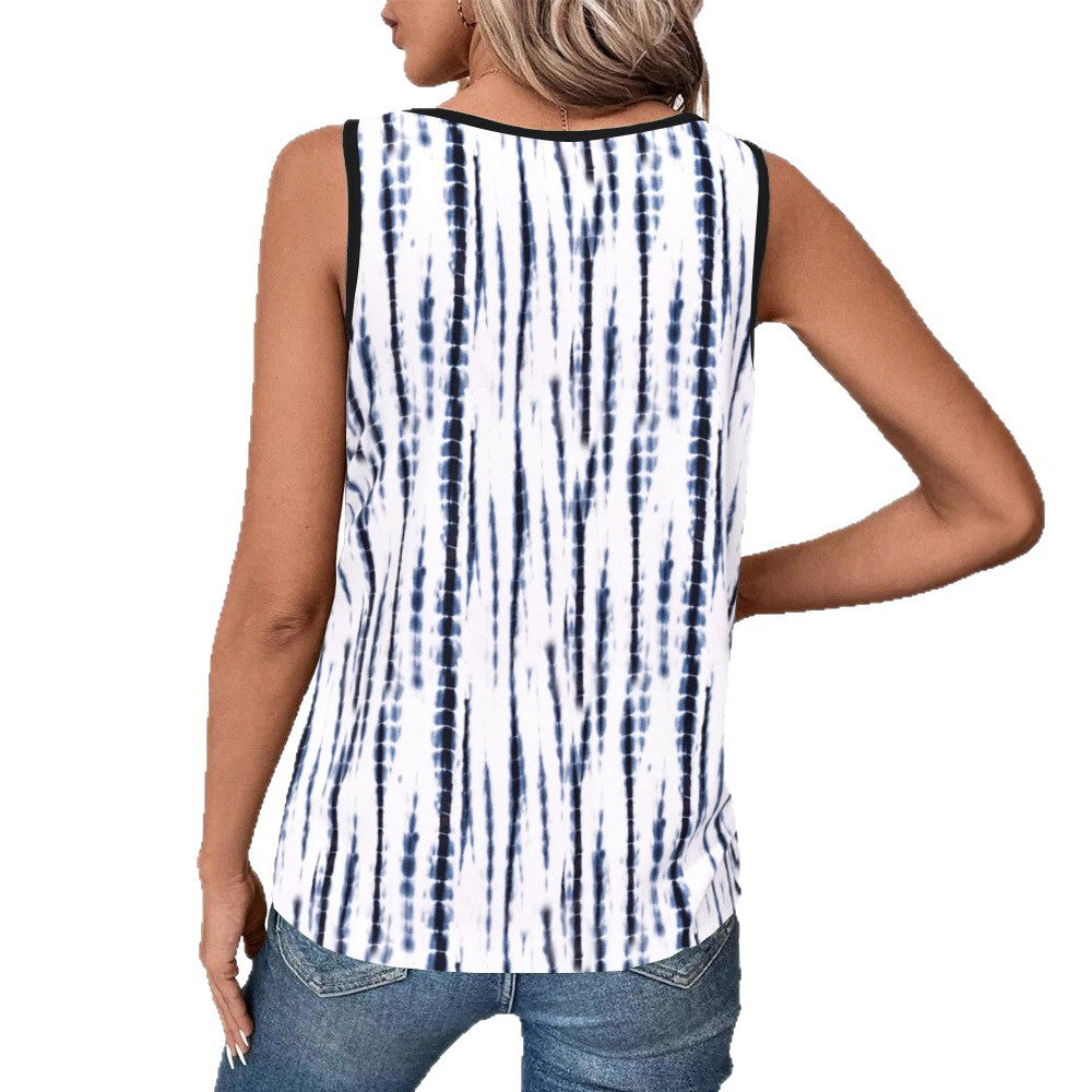 Women sleeveless V-neck top with lace trim and vertical batik print Mune Fashion