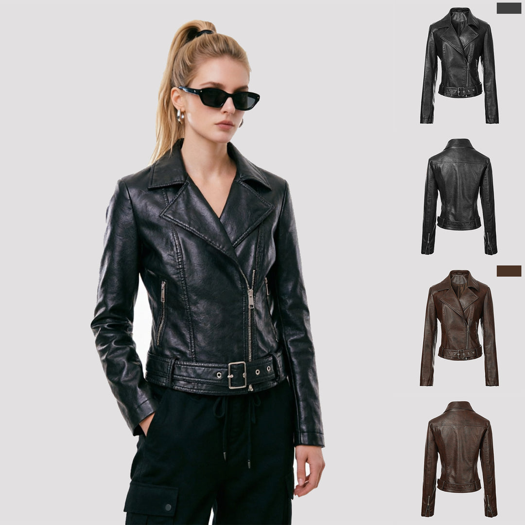 Women's short tailored leather biker jacket with waist belt and asymmetrical zipper Mune Fashion