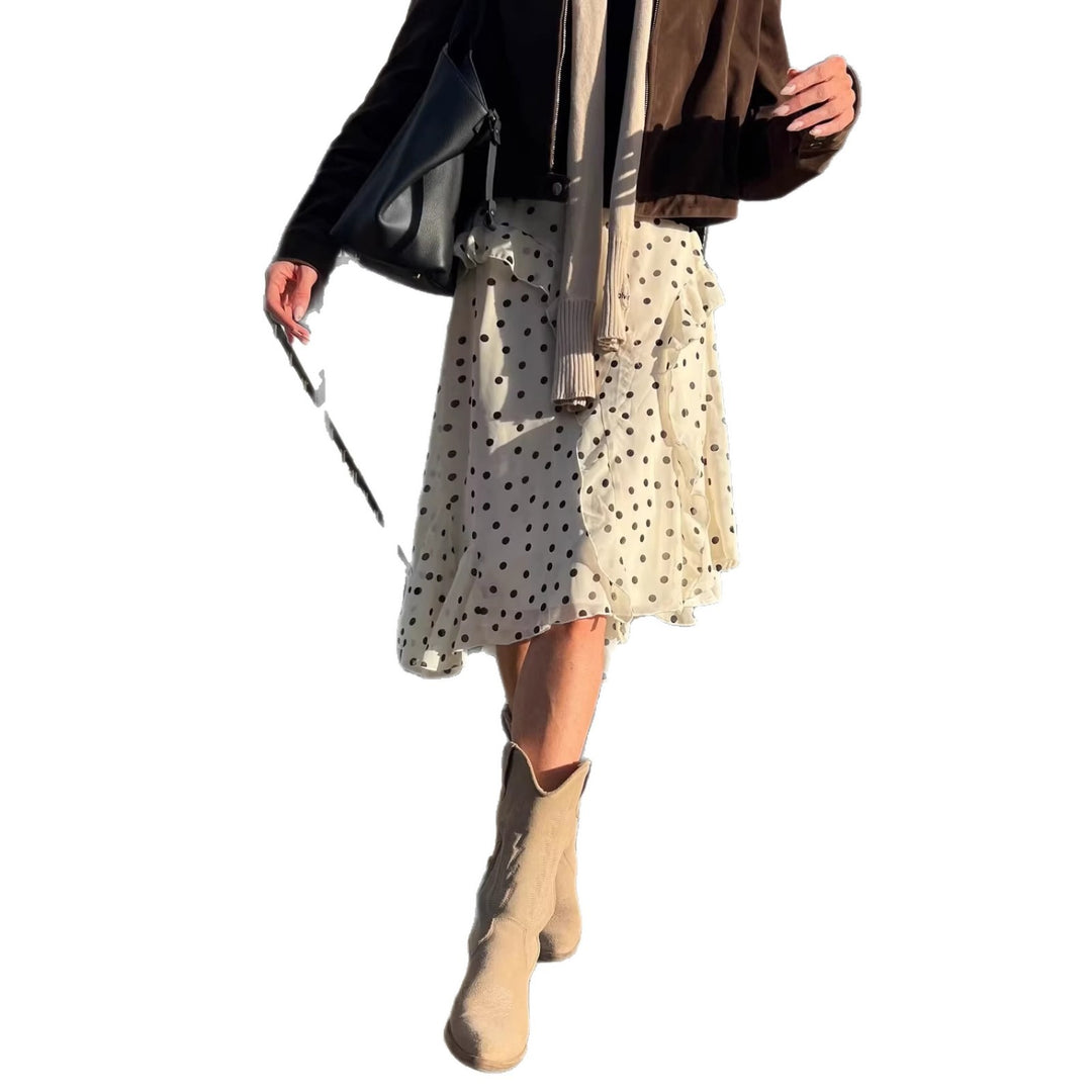Women’s Chiffon Wrap Midi Skirt with Ruffles and Polka Dot Design Mune Fashion