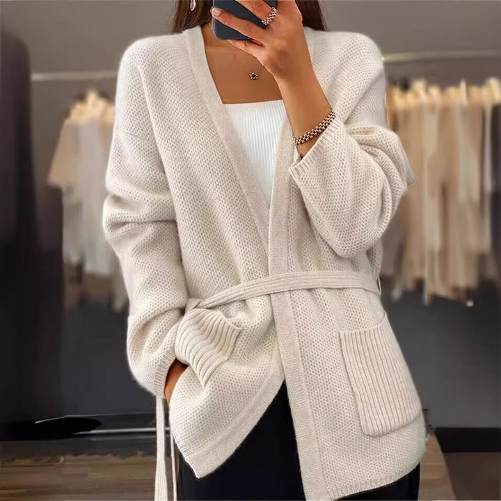 Ladies long cardigan with tie belt, patch rib pockets and loose waffle knit Mune Fashion