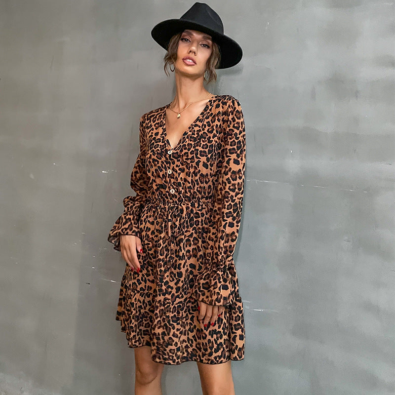 Women's Tiered Minidress with V-Neck, Waist Drawstring and Leopard Print Mune Fashion