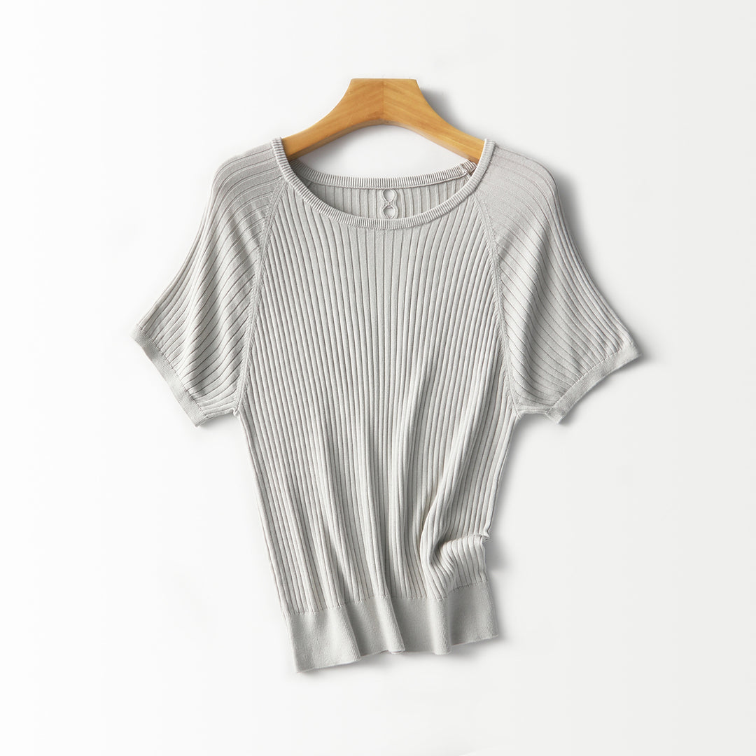 Women's Ribbed Short Sleeve Knit Top with Round Neckline and Keyhole Detail Mune Fashion