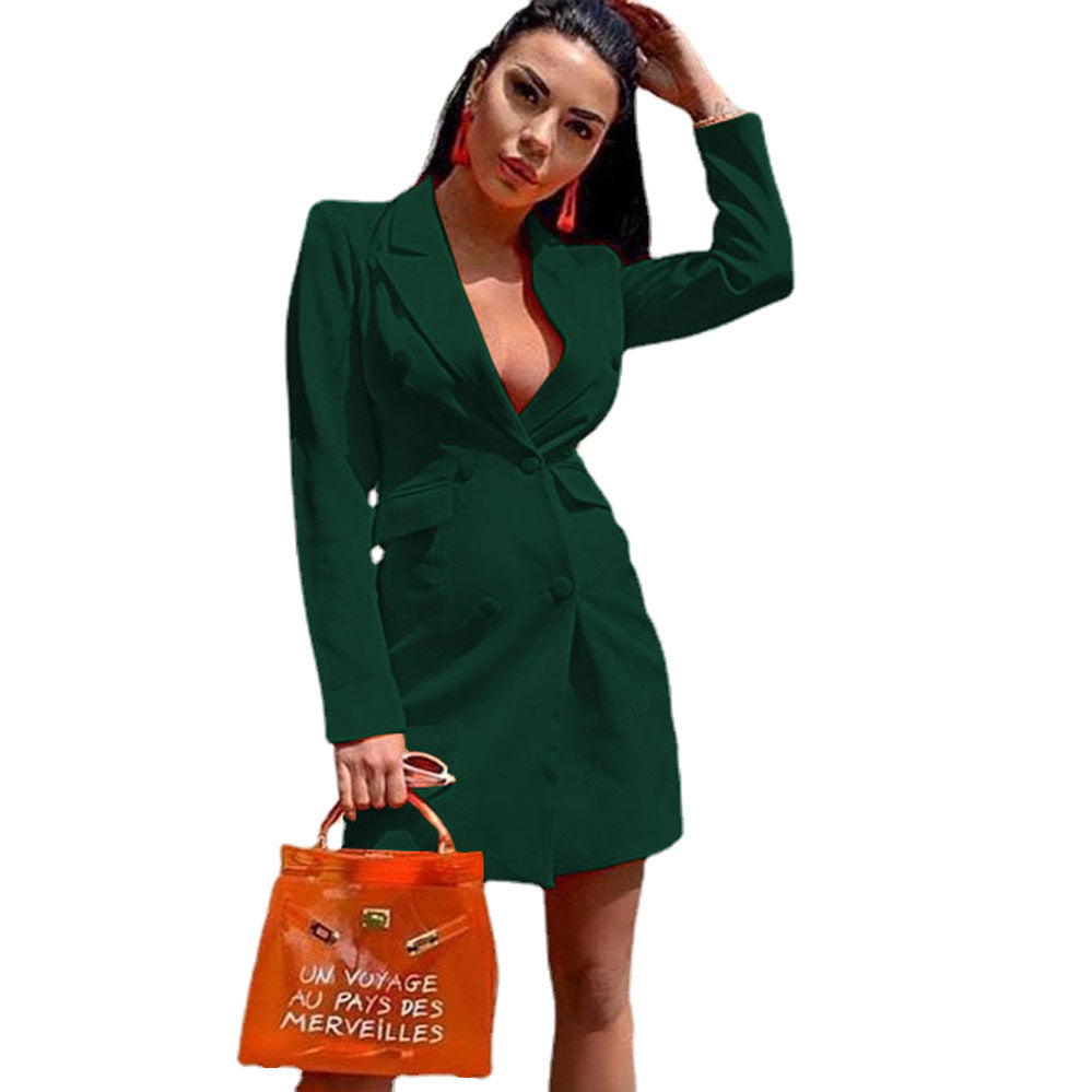 Women's Fitted Blazer Dress in Double-Breasted Style with Notched Collar and Flap Pockets