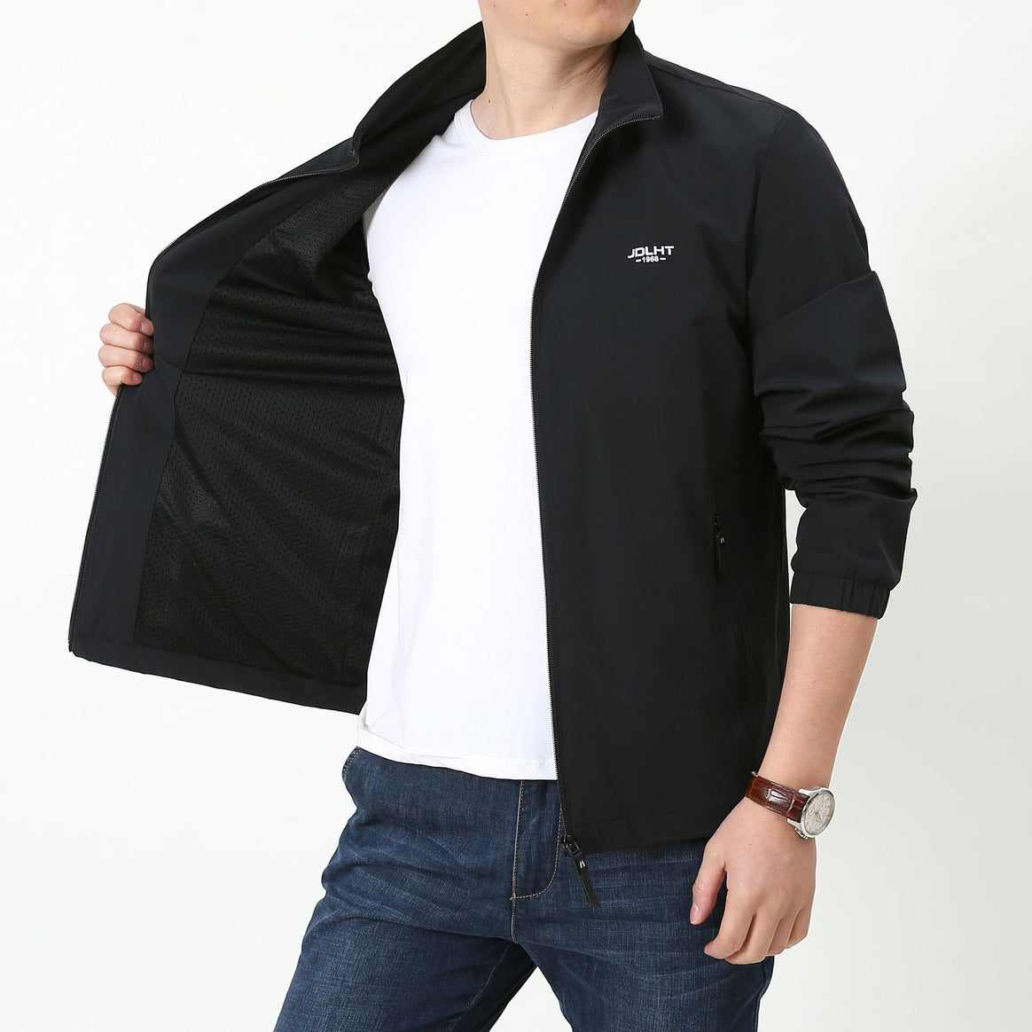 Men's Lightweight Windproof Zip-Up Blouson Jacket with Stand-Up Collar and Elastic Cuffs Mune Fashion