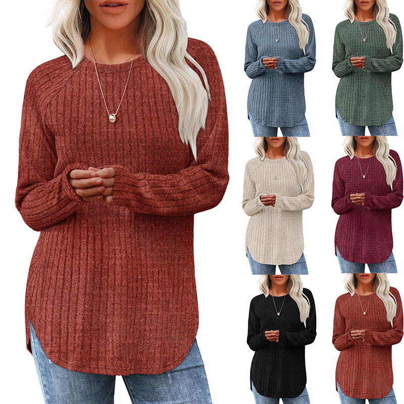 Women's ribbed knit pullover with round neckline oversized fit and side slits Mune Fashion