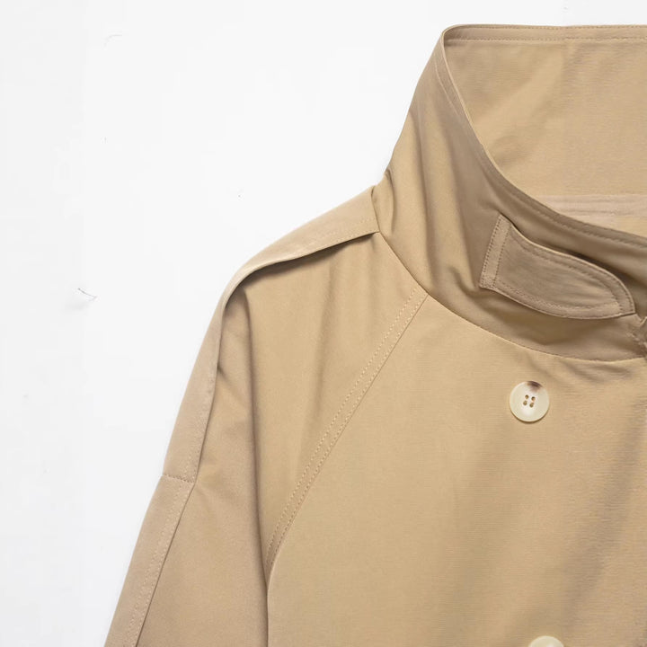 Women's Short Cape Trench with High Standing Collar, Double-Breasted Button Placket and Tie Belt Mune Fashion