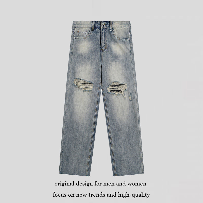Women’s Wide Destroyed Jeans with High Waist, Straight Leg and Knee Rips Mune Fashion